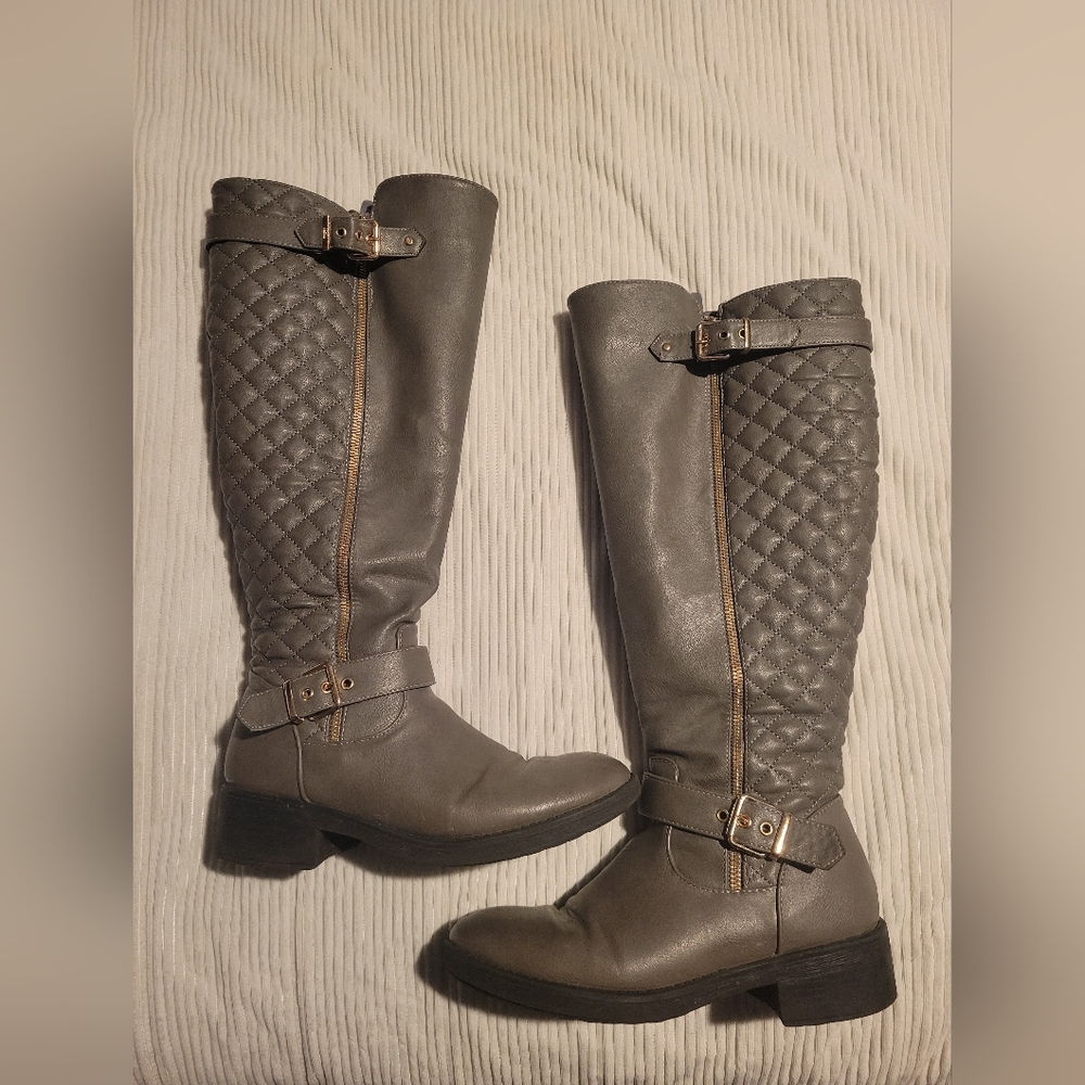 Gray Quilted Knee-High Boots Wide Calf